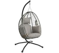 Outsunny Outdoor Swing Chair Egg Chair Metal Stand Grey | Patio Hanging, Foldable Basket, Cup Holder, Rope Structure, Thick Padded Cushion, for Indoor & Outdoor