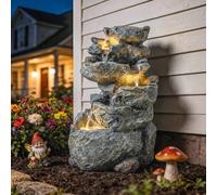 Outsunny Outdoor Water Fountain With 6-Tier Rock Style, Led Lights, Grey Grey