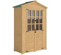 Outsunny Outdoor Wooden Storage Cabinet, Garden Tool Shed with Acrylic Windows for Patio, Light Brown