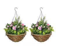 Outsunny Pack of 2 Faux Plant Artificial Lisianthus Flowers Hanging Planter with Basket for Indoor Decoration, Pink