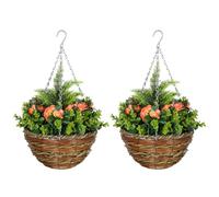 Outsunny Pack of 2 Faux Plant Artificial Lisianthus Flowers Hanging Planter with Basket for Indoor Outdoor Decoration, Orange