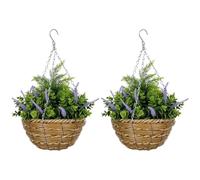 Outsunny Pack of 2 Hanging Basket Fake Flowers with Lisianthus, Eucalyptus & Pine, Realistic PE Faux Plants with Rattan Basket and Chain for Outdoor Garden, Porch, Patio, Balcony, Purple