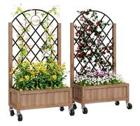 Outsunny Raised Garden Bed with Metal Trellis, Pack of 2 Wooden Elevated Planter Box with Wheels and Drainage Holes, Outdoor Raised Planter for Climbing Plants, Fruits, Vegetables, Flowers, Brown