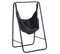 Outsunny Patio Hammock Chair with Stand, Outdoor Hammock Swing Hanging Rope Chair with Cushion, Armrest, Hooks, Dark Grey