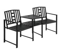 Outsunny Patio Tete-a-tete Chair 2 Seat Bench Middle Coffee Table w/Umbrella Hole for Outdoors Decorative Slatted Design Steel Frame Black
