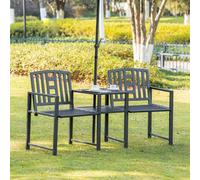 Outsunny Patio Tete-a-tete Chair 2 Seat Bench Middle Coffee Table w/ Umbrella Hole for Outdoors Decorative Slatted Design Steel Frame Black Black
