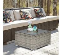 Outsunny Rattan Garden Coffee Table, 65 cm Square Garden Rattan Table with Tempered Glass Top, All-Weather Wicker Bistro Outdoor Furniture for Patio, Balcony, Porc, Grey