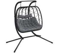 Outsunny Outdoor PE Rattan 2 Seaters Swing Chair with Thick Padded Cushion, Patio Hanging Egg Chair with Metal Stand, Headrest, for Indoor and Outdoor, Black