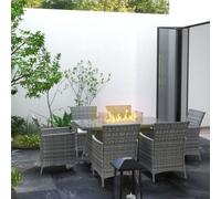 Outsunny PE Rattan Dining Set with Fire Pit Table and Cushioned Armchairs, Grey