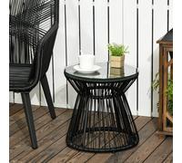 OUTSUNNY PE Rattan End Table, Round Side Table, Tempered Glass Top Coffee Table, Black Outsunny Black