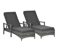 Outsunny PE Rattan Sun Loungers set of 2 with Cushion, Outdoor 2 Pieces Garden Sunbed Furniture with 4-Level Recliner Backrest, and Armrest, Grey
