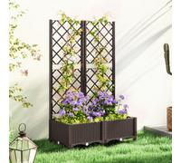 Outsunny Raised Garden Bed with Trellis, Plastic Planter Box, Brown | Drainage Holes, Drain Plugs, Water Reservoirs, for Climbing Plants, Vegetables, Flowers