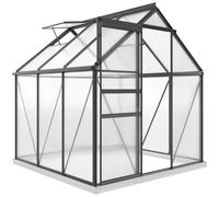 Outsunny Polycarbonate Greenhouse, Small Greenhouse with Adjustable Roof Vent, Garden Green House with Galvanised Base, Sliding Door and Rain Gutter, 190 x 190 x 200 cm, Grey Grey