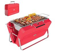 Outsunny Portable Mini Charcoal Barbecue Grill with Suitcase Shell, Outdoor Folding Tabletop BBQ Grill for Garden Camping Picnic Party, Red