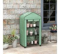 Outsunny 3 Tier Mini Greenhouse with Reinforced PE Cover and Wheels, Portable Small Greenhouse with Roll-up Door and Wire Shelves, 130H x 69W x 49D cm, Green