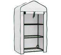 Outsunny Portable Mini Greenhouse with Roll-up Door and Wire Shelves, White - White