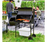 Outsunny Charcoal BBQ Grill with Smokestack, Foldable Side Shelf, Warming Rack, Bottom Shelf, Lid, Temperature Gauge, Wheels for Outdoor Cooking Garden Party, Black