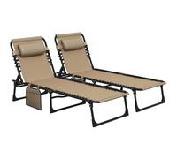 Outsunny Portable Sun Lounger Set of 2, Folding Camping Bed Cot, Reclining Lounge Chair 5-position Adjustable Backrest with Side Pocket Aosom UK