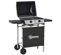 Outsunny 2 Burner Gas BBQ Trolley with Lid, 5.6 kW Gas Barbecue Grill with Wheels, Side Shelves, Black