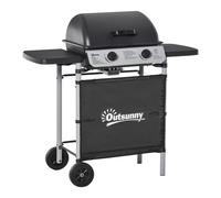Outsunny 2 Burner Gas BBQ Trolley with Lid, 5.6 kW Gas Barbecue Grill with Wheels, Side Shelves, Black