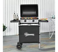 Outsunny 2 Burner Gas BBQ Trolley with Lid, 5.6 kW Gas Barbecue Grill with Wheels, Side Shelves, Black