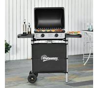 Outsunny 2 Burner Gas BBQ Trolley with Lid, 5.6 kW Gas Barbecue Grill with Wheels, Side Shelves, Black