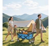 OUTSUNNY Pull Along Cart Folding Cargo Wagon Trailer Trolley For Beach Garden w/ Handle in Blue Outsunny Blue