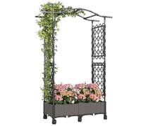 Outsunny Raised Garden Bed with Arch Trellis, Raised Bed for Garden on Wheels with Side Trellis, Self Watering Outdoor Planter Box with Drainage Holes, Drain Plugs for Climbing Plants, Flowers, Herbs