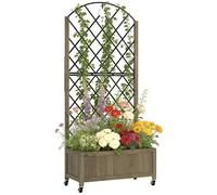 Outsunny Raised Garden Bed with Metal Trellis, Wooden Elevated Planter Box with Lockable Wheels, Outdoor Raised Planter for Climbing Plants, Fruits, Vegetables, Flowers, Carbonised