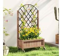 Outsunny Raised Garden Bed with Metal Trellis, Wooden Elevated Planter Box with Wheels and Drainage Holes, Outdoor Raised Planter for Climbing Plants, Fruits, Vegetables, Flowers, Brown Brown