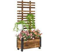 Outsunny Raised Garden Bed with Trellis and Wheels, Carbonised | Outdoor Wooden Planter Box, Metal Corners, Drainage Holes, Bed Liner, For Climbing Plants Flowers