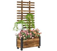 Outsunny Raised Garden Bed with Trellis, Outdoor Wooden Planter Box with Metal Corners and Wheels, Raised Bed for Garden with Drainage Holes and Bed Liner, for Climbing Plants Flowers, Carbonised