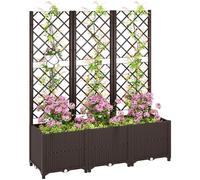 Outsunny Raised Garden Bed with Trellis, Plastic Planter Box with Drainage Holes, Drain Plugs and Water Reservoirs for Climbing Plants, Vegetables, Flowers, Brown