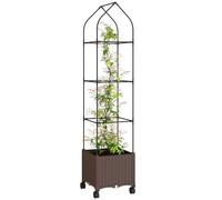 Outsunny Raised Garden Bed with Trellis, Tomato Cage with Lockable Wheels, Self Watering Planter Box with Drainage Holes and Plugs for Outdoor Patio Climbing Plants, Vines, Vegetables, Flowers, Brown
