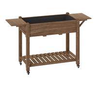 Outsunny Raised Garden Bed, Wooden Elevated Planter Box with Lockable Wheels, Side Tables and Bottom Shelf for Flowers, Fruits, Carbonised