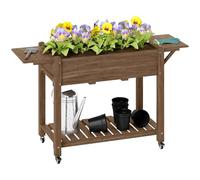 Outsunny Raised Garden Bed, Wooden Elevated Planter Box with Lockable Wheels, Side Tables and Bottom Shelf, Outdoor Planter with Liner and Drainage Holes for Vegetables, Flowers, Fruits, Carbonised