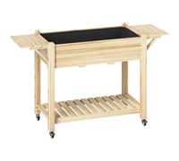 Outsunny Raised Garden Bed, Wooden Elevated Planter Box with Lockable Wheels, Side Tables and Bottom Shelf for Vegetables, Flowers, Natural