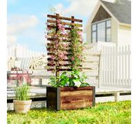 Outsunny Raised Garden Bed with Trellis and Wheels, Carbonised | Outdoor Wooden Planter Box, Metal Corners, Drainage Holes, Bed Liner, For Climbing Plants Flowers