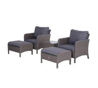 Outsunny 5 Pieces PE Rattan Garden Furniture Set with 10cm Thick Padded Cushions, Wicker Weave Outdoor Seating Chairs with 2 Armchairs, 2 Stools, Glass Top Table, Grey