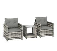 Outsunny Rattan Bistro Set, 3 Piece Garden Furniture Set with 2 Tier Glass Top Table and Cushions, Mixed Grey