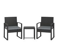 Outsunny Rattan Bistro Set, 3 Piece Garden Furniture Set with Glass Top Table and Cushions, Light Grey