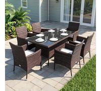 Outsunny Rattan Dining Set For 6 With Cushions, Glass Top Table, Brown