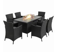 Outsunny Rattan Dining Set w/ Fire Pit Table and Armchairs, Black, Black
