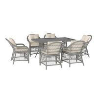 Outsunny Rattan Dining Set with Seat and Back Cushions, 6 Seater Garden Furniture Set with Aluminium Frame, 6 Chairs, WPC Top Rectangle Table, Conservatory Wicker Patio Furniture, Grey Grey