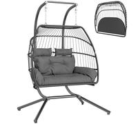 Outsunny Rattan Double Hanging Egg Chair With Stand, Cushion, Dark Grey