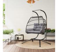 Outsunny Rattan Double Hanging Egg Chair with Stand, Cushion, Dark Grey