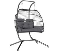 Outsunny Rattan Double Hanging Egg Chair with Stand, Foldable Wicker Garden Swing Seat with Cushion, Head Pillows, Steel Frame, Hammock Chair for Indoor Outdoor, Capacity 260 kg, Dark Grey