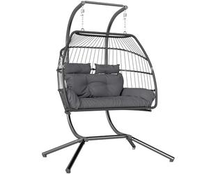 Outsunny Rattan Double Hanging Egg Chair with Stand, Foldable Wicker Swing Egg Chair with Cushion, Head Pillows, Steel Frame, Hammock Chair for Indoor Outdoor, Capacity 260 kg, Dark Grey