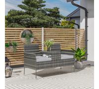 Outsunny Rattan Garden Bench W/ Glass Tea Table, Cushions, Charcoal Grey
