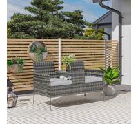 Outsunny Rattan Garden Bench w/ Glass Tea Table, Wicker Chair w/ Cushions Charcoal Grey, Grey